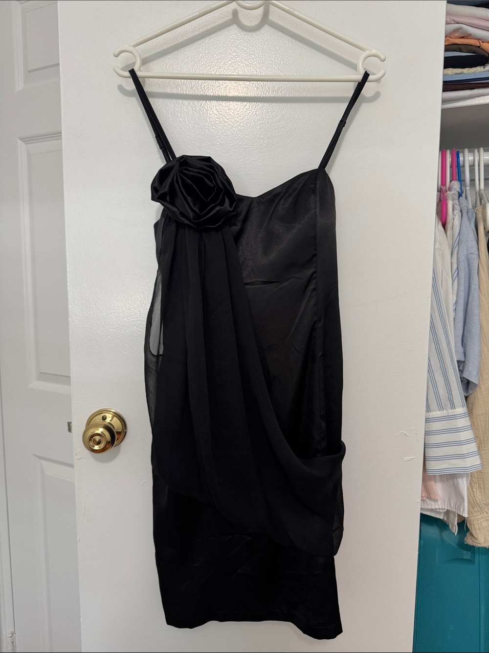 Ever Pretty Black Mini Dress with Rosette Shoulder Accent